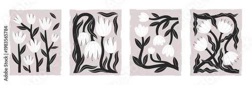 Wildflowers,Branches and Leaves in Scandinavian Folk Linocut Style.Vintage Handdrawn Floral Prints.Minimal Black and White Botanical Set for Prints,Branding,Stationery,Patterns,Textiles.