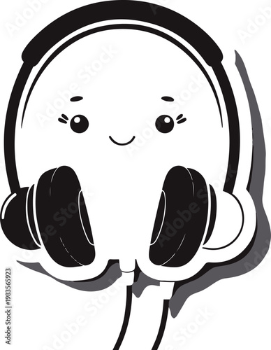 Headphones Minimal Outline Black and White Line Art Vector Sticker