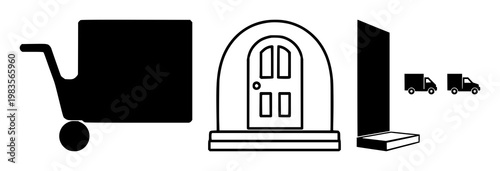 Doorstep delivery icon set with solid black symbol on clean white background featuring retail, logistics, e-commerce with shipping, doorstep and package