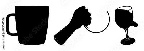 Handle icon set with solid black silhouette on white background featuring fragile, glass, porcelain with caution and care