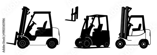 Warehouse forklift icon set with solid black icon on white background featuring forklift, warehouse, industrial with black and white and vector