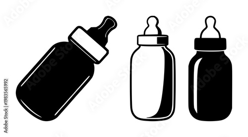 Baby bottle icon set with minimalist solid black design featuring infant feeding, newborn essentials, childcare with formula and milk containers