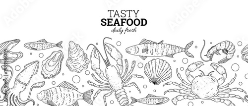 Seafood banner. Seamless border. Fish, shrimp, scallops, squid, mussel, oyster, crayfish, crab, sardine, seashell. Sea creatures. Fresh and tasty ocean meal. Underwater world. Vector illustration.