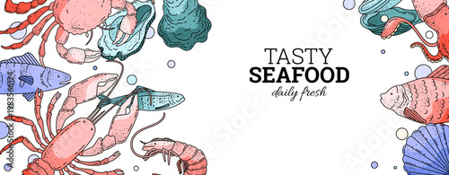 Seafood banner. Fish, shrimp, scallops, squid, mussel, oyster, crayfish, crab, sardine, seashell. Sea creatures. Fresh and tasty ocean meal. Underwater world. Vector illustration.