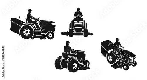 Various lawnmowers and riders depicted in a stark black silhouette