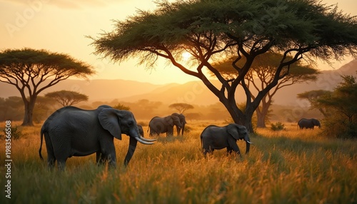 African elephants walk through tall dry grass during a golden sunset in savannah landscape. Large trees with green foliage dot the horizon with rolling hills behind.
