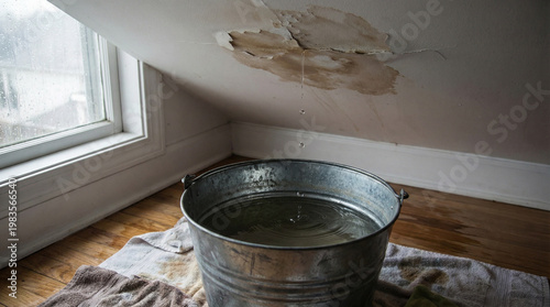 Water leaking into bucket from stained ceiling in attic space  