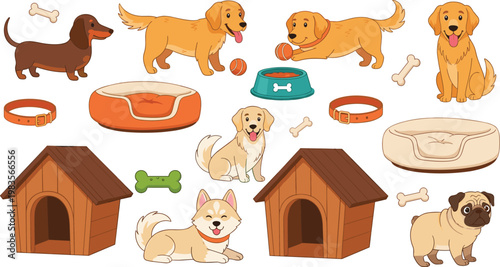 Dog pets set with house bed bowl toys vector illustration cute puppies collection animal care design