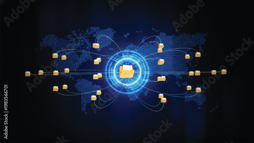 Central file folder icon connected to multiple distributed files across a digital map of the world representing cloud storage data synchronization and global information sharing.