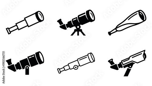 Telescope Vector Set – Vintage Spyglass, Modern Telescope Icons, Black and White Line Art Collection