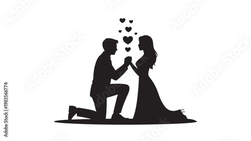 Black silhouette couple kneeling in love heart