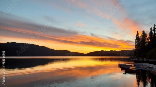 Sunset Over Calm Water With Pathway and Palm Trees in Background