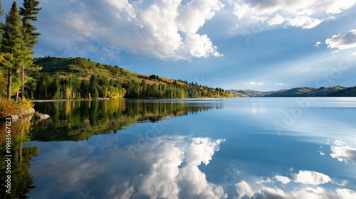 Reflection of Clouds and Trees on Calm Lake During Afternoon at a Scenic Loca...