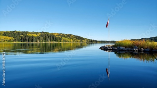 Bright Blue Water Reflects Trees and a Flag in a Quiet Lake Scene on a Sunny Day