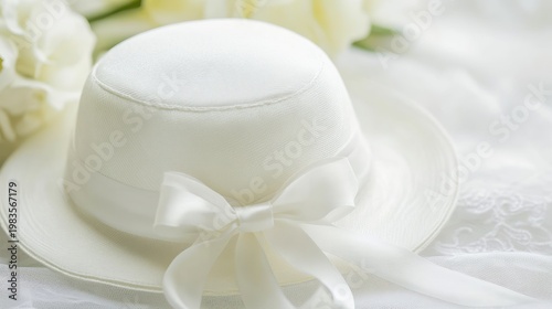 Elegant white hat with a decorative bow on white fabric
