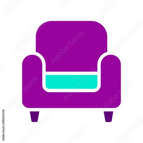 Modern armchair with purple upholstery and teal cushion, isolated on white background, 3D illustration