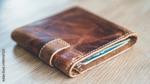 Close up of a brown leather wallet on wooden surface