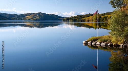 Views of a Lake With Trees and a Flag on a Clear Day in the Afternoon