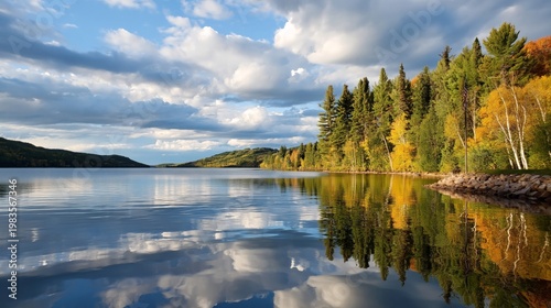 Views of a Lake With Trees and a Flag on a Clear Day in the Afternoon