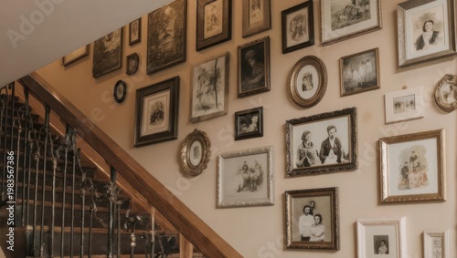 Warm-toned interior wall featuring a collection of framed vintage photographs and a wooden staircase