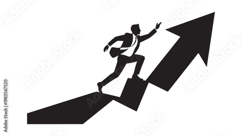 Black silhouette of a person jumping with a briefcase