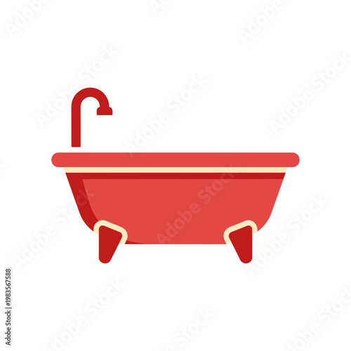 Vintage red clawfoot bathtub with curved faucet, isolated on white background, retro bathroom decor