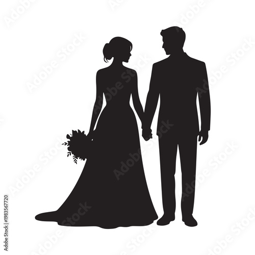 Black silhouette of bride and groom standing together