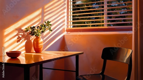 Light Shines Through Window Onto Desk With Lamp and Open Book in a Cozy Space...