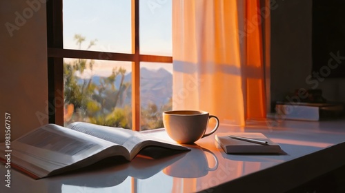 Morning Light Shines Through a Window Onto a Cup of Coffee and a Book on a Table