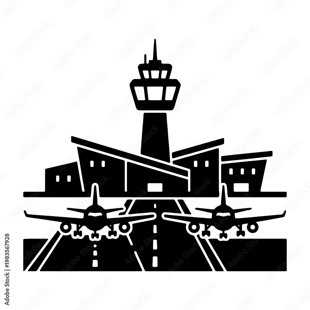 Obraz premium Airport terminal building vector, control tower with airplanes, aviation travel icon
