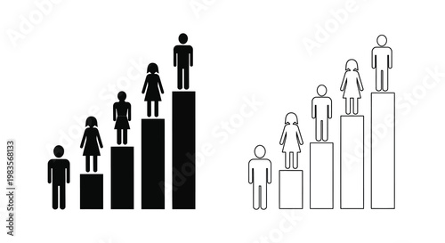 Simple black and white illustration depicting figures on varying height platforms