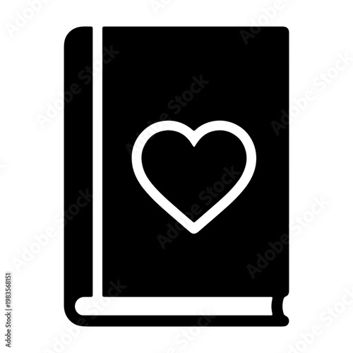 Minimalist heart book icon, black romance novel vector, love story diary symbol