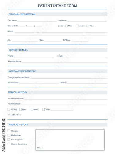 Modern patient intake form template with structured sections, checkboxes, and clean clinical layout. Ideal for healthcare offices, clinics, administration, and printable documentation use.