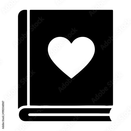 Minimalist book icon with heart, romantic literature vector, black love story symbol
