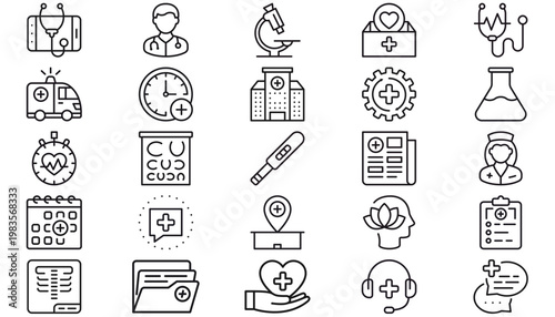 25 Medical and Healthcare Vector Icon Set Collection, Minimalist Black Line Symbols for Hospital, Science, Laboratory, Telemedicine, Doctor, Nurse, Mental Health, Clinic, and First Aid Bundle.
