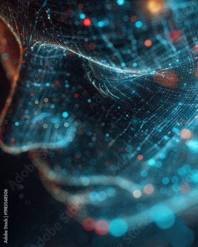 Digital network connecting data particles in abstract flow