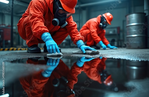 Workers in orange suits and gas masks clean up spilled oil in a factory. They wear blue gloves and use rags to mop the floor. Safety protocols are evident in their gear and actions.