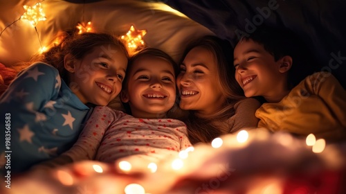 Family enjoying time together at night with string lights
