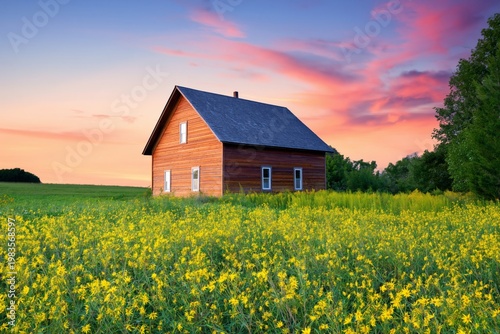 Sunset Over Wooden House Surrounded by Yellow Flowers in Open Field