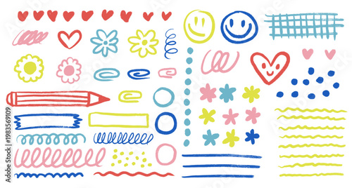 Hand drawn girly stationery doodles and messy sketches set. Colorful cute cartoon stickers, lines, grids and paper clips bundle. Fun expressive freehand elements. Rough textured vector