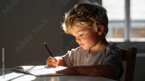 Boy Writes in a Notebook While Sitting at a Table in a Bright Room During Mor...