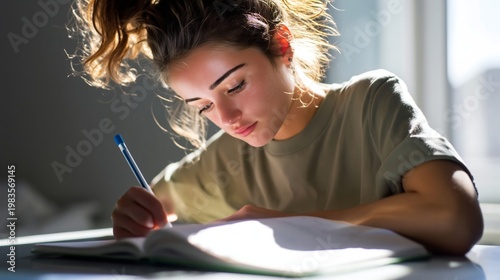 Student Writes in Notebook While Studying in Bright Room During the Day