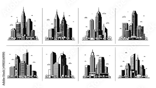 City skylines with various skyscrapers.