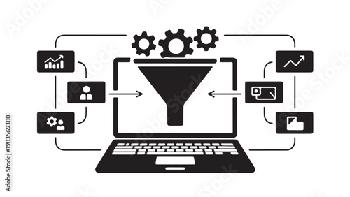 Black silhouette of laptop with social media and tools