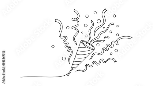 Party celebration with colorful confetti and streamers. Continuous line style. Hand drawn. Line art. Vector design. illustrations