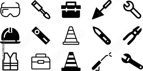 Collection of construction tools and safety equipment icons in black