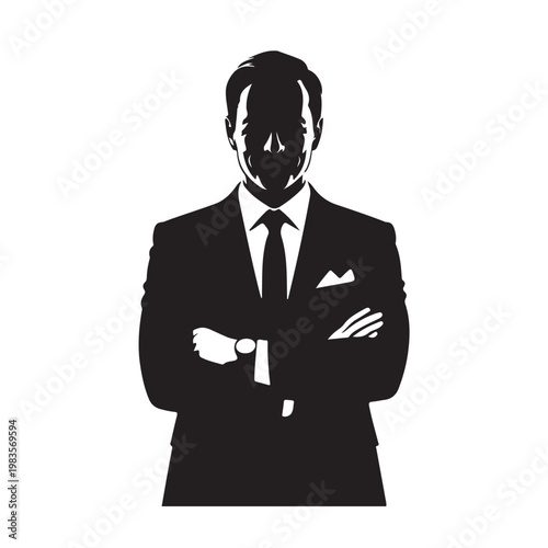 Black silhouette of man in tuxedo with bow tie and pocket square