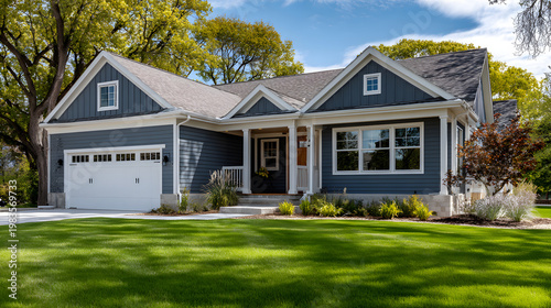 New blue house with white trim features a porch and garage in a sunny neighborhood with green grass and trees