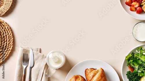 Delicious Breakfast Spread on Table With Croissants and Fresh Fruit