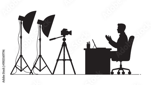 Black silhouette of man recording music in studio